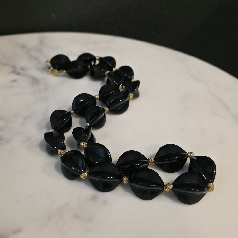 Vintage Napier Black Ribbed Bead Necklace – 26" Matinee Length